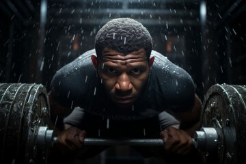 Fototapeta na wymiar Focused muscular black man doing heavy weight bench press exercise in the dark. African-American male athlete working out with barbells in the gym. Fitness training, bodybuilding lifestyle concept.