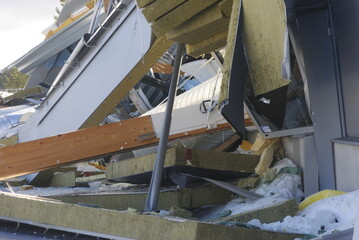 Collapsed house on a cold wintry day