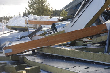 Collapsed house on a cold wintry day