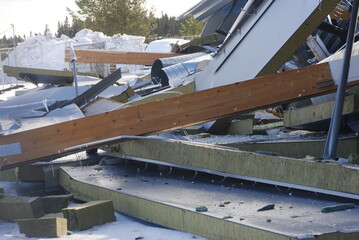 Collapsed house on a cold wintry day
