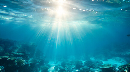 underwater view of the world, deep sea exploration, powerful light beams - obrazy, fototapety, plakaty
