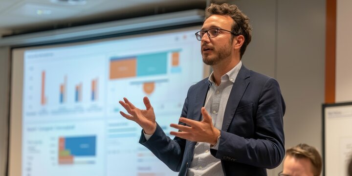 Male startupper in a modern office presenting a project, engaging and informative