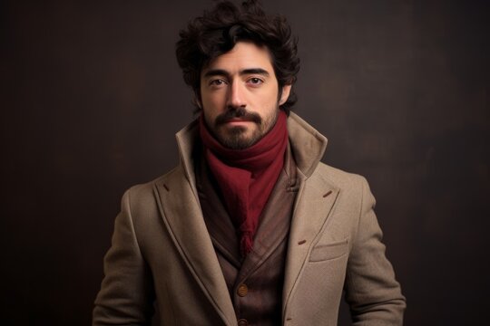 Young handsome man wearing a coat and red scarf. Studio shot.