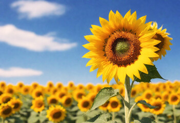 Obraz premium Close-up of a sunflower with a field of sunflowers in the background under a clear blue sky generative AI