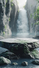 a rock podium designed to showcase products waterfall background