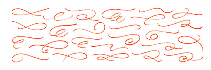 Red crayon curly lines, squiggles and decorative doodle swooshes. Hand drawn marker vector borders. - obrazy, fototapety, plakaty