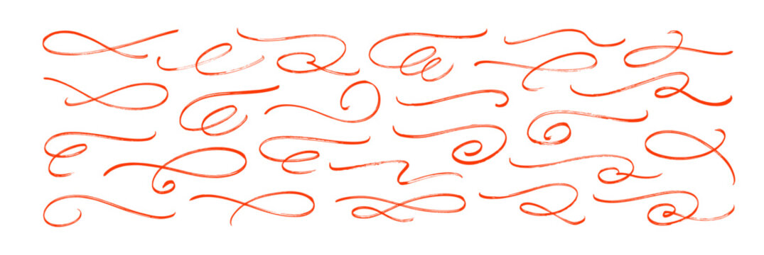 Red crayon curly lines, squiggles and decorative doodle swooshes. Hand drawn marker vector borders.