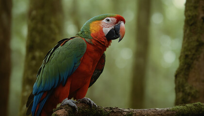 Obraz premium A brightly coloured Ara on a branch in the rainforest