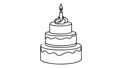 Single continuous line drawing of stylized pilled anniversary cake with cherry fruit topping art.