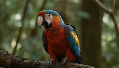 Obraz premium A brightly coloured Ara on a branch in the rainforest