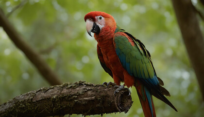 Obraz premium A brightly coloured Ara on a branch in the rainforest