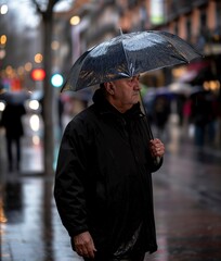 A man walking down a street while holding an umbrella to shield himself from the rain.