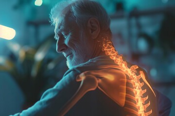 Close-up of an elderly man grimacing due to back pain, vfx. - obrazy, fototapety, plakaty