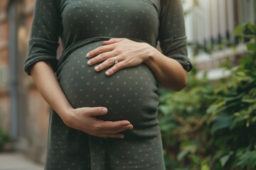 A woman in pregnancy holding her belly with her hands. - obrazy, fototapety, plakaty