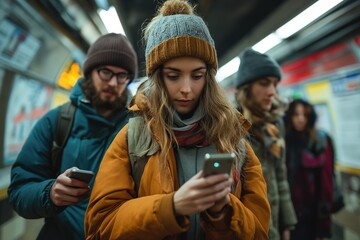 Fototapeta premium Crowd of individuals standing on subway platform while engrossed in their mobile devices.