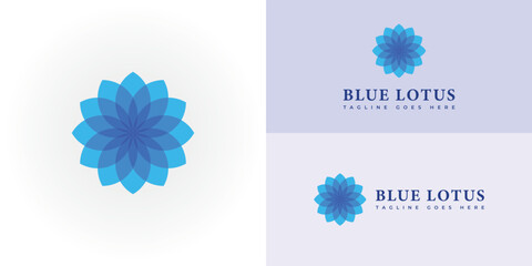 Abstract flower lotus logo with multiple gradient blue colors presented with multiple white and pastel background colors. The logo is suitable for wellness and spa business logo design inspiration