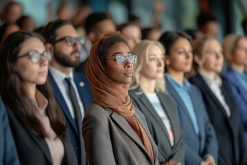 Obraz premium A diverse group of people from various races and backgrounds wearing formal suits and ties, swearing in the constitution.