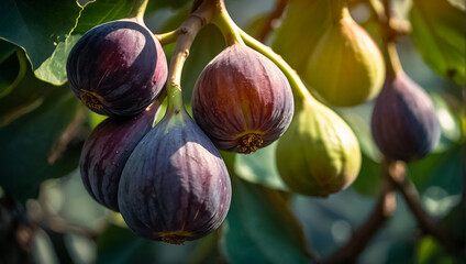 Fresh ripe figs on a branch close-up organic