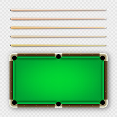 Obraz premium Various wooden billiard cues and green pool table. Snooker sports equipment. Vintage cue. Recreation and hobby, competitive game. Vector illustration