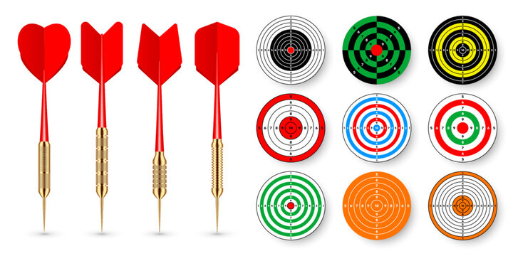 Paper targets with dart arrows and shadows. Shooting range round target, divisions, marks and numbers. Gun shooting practise and training, sport competition. Bullseye and aim. Vector illustration