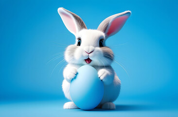 Easter bunny holds a blue-painted egg on a blue background. Illustration for the Easter holiday.
