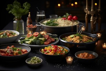 Obraz premium Embark on a culinary adventure with a tantalizing array of international dishes, from zesty Asian noodles to hearty Mediterranean salads. Explore diverse flavors and cultural traditions in every bite.