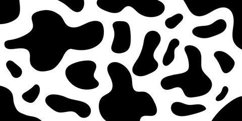 Cow skin pattern. Abstract uneven shapes background. Dalmatian, leopard, giraffe fur. Black spots camouflage texture. Animal leather template. Milk chocolate package design. Vector flat illustration.