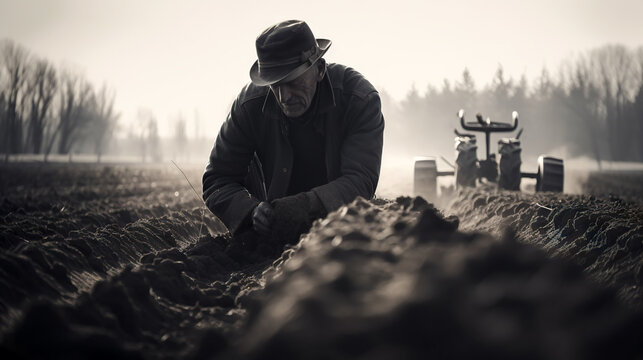 An elderly farmer kneels down to inspect the quality of the soil in his plowed field, with a tractor in the background, during the early morning hours