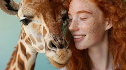 Foto op Canvas Captivating Connection: Freckled Woman with Long Wavy Hair Smiles beside Giraffe in Nature © brahim
