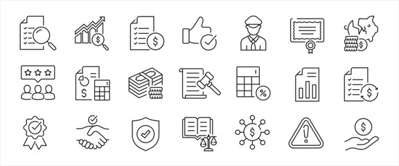Accounting simple minimal thin line icons. Related financial, inspecting, tax, management. Editable stroke. Vector illustration.