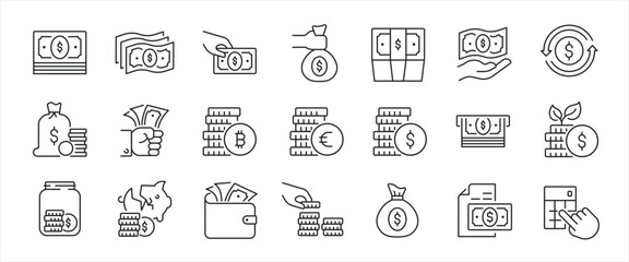 Money and payment simple minimal thin line icons. Related money, credit card, atm, purchase, bill. Editable stroke. Vector illustration.