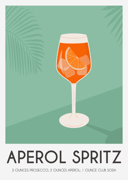 Aperol Spritz Cocktail in glass with ice and slice of orange. Summer Italian aperitif retro poster. Wall art with alcoholic beverage decorated with orange wedges and citrus tree on background. Vector.