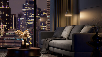 Modern style luxury black living room with blurry city view in the night background 3d render, decorated with dark gray fabric sofa.