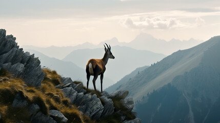 A chamois stands on a rocky mountain ridge against a hazy sky - Generative AI