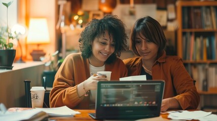 lesbian couple doing home office at home