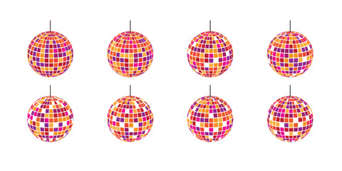 Mirrorballs in retro disco colors. Set of discoball icons. Nightclub party mirror globes in 70s 80s 90s discotheque style. Shining music spheres. Fun holiday vintage symbols