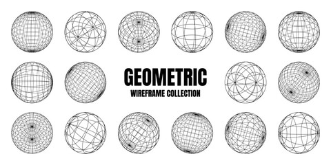 Wireframe shapes, lined sphere. Perspective mesh, 3d grid. Low poly geometric elements. Retro futuristic design elements, y2k, vaporwave and synthwave style. Vector illustration