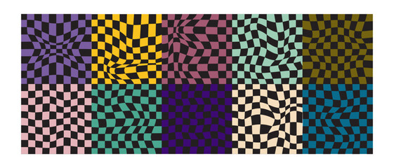 Distorted chessrboard background samples. Psychedelic patterns with warped color squares. Checkered visual illusion effects. Groovy layouts in retro 60s 70s 80s 90s y2k style