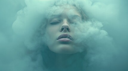 A young woman surrounded by clouds and smoke. Beauty concept. Created with Generative AI.