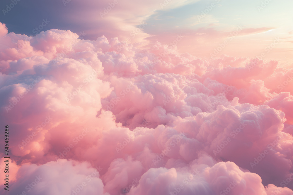Poster a captivating aerial view of fluffy white clouds as seen through a plane window, creating a mesmeriz