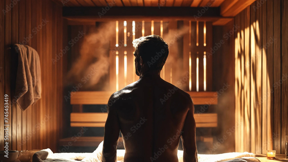 Wall mural Silhouette of a man with her back in a towel in a