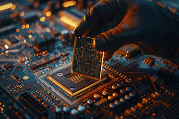 Precision Microchip Installation on Advanced Motherboard Technology - obrazy, fototapety, plakaty