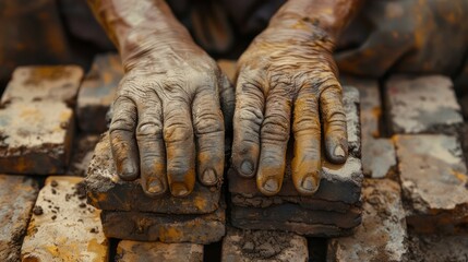 Close-up of Dirty and Weathered Hands Resting on Bricks Displaying Hard Work and Manual Labor