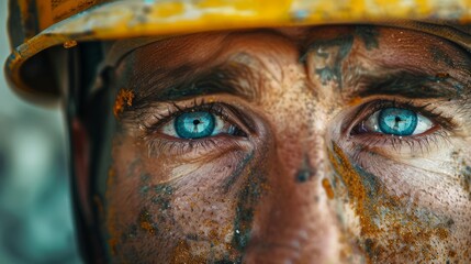 Close-up Portrait of a Worker with Blue Eyes and Dirt on Face Wearing Yellow Hard Hat