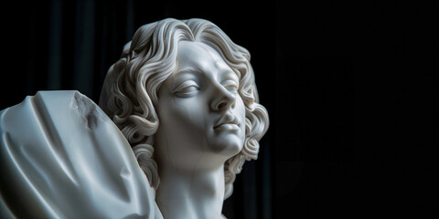 statue of a young angel with a white marble wing looking upward - obrazy, fototapety, plakaty