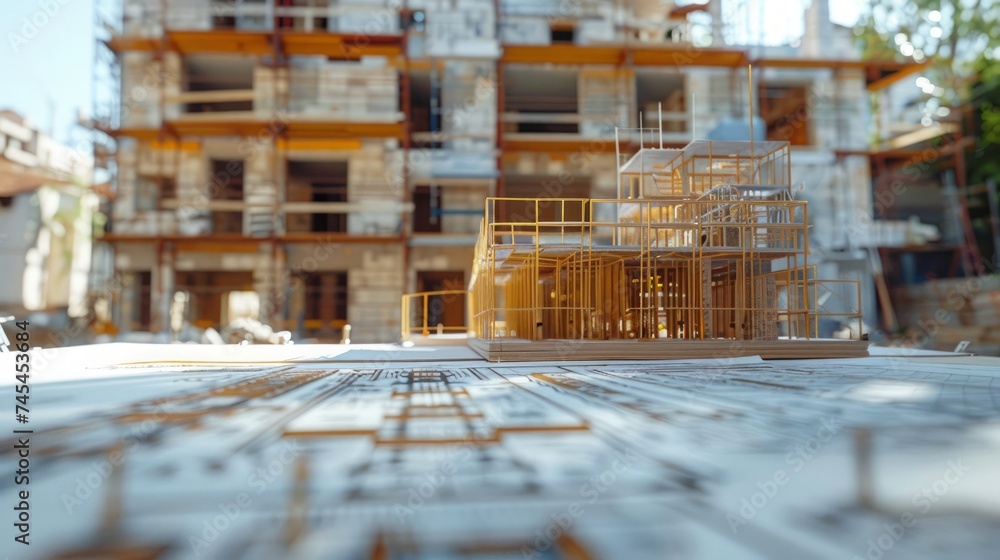 Poster professional construction site with building blueprints in the foreground and unfinished building in