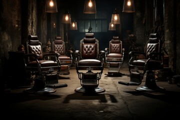 A vintage barber shop showcases leather chairs, retro light bulbs, classic barber pole, and wood-paneled walls. The black-and-white checkered tile floor adds character to the retro-inspired decor. - obrazy, fototapety, plakaty