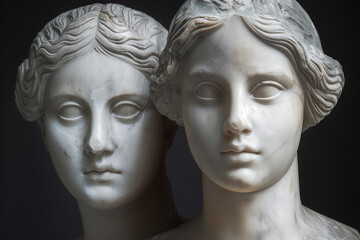two marble statues of two women with beautifully sculpted features reflecting masterful classical art - 745453620