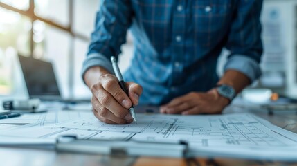 Professional Architect Reviewing Blueprints at Modern Office Workspace with Sunlight