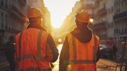 Back View of Two Construction Workers in Reflective Vests and Hard Hats at Sunset on Urban Street - obrazy, fototapety, plakaty